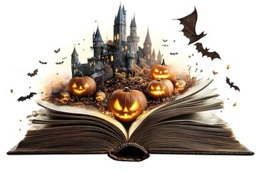 Big castle or witch house in the night of Halloween, with pumpkins and bats, fun drawing for children
