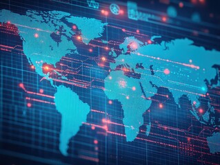 Obraz premium A bird seye view of a global map where leads are marked as glowing dots, with data flows connecting different regions, symbolizing international lead generation