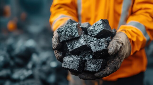 A person in protective gloves holds freshly mined coal, showcasing raw, unrefined materials directly extracted from the earth, symbolizing hard labor and energy resources.