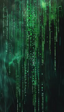 Striking abstract digital artwork of green binary code raining on a dark, mysterious backdrop