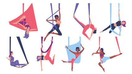 Girls training aerial yoga poses set. Young female characters flying, hanging in hammock, stretching body with ribbon, flexibility on healthy air acrobatics workout in gym cartoon vector illustration