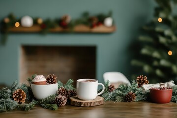 Fototapeta premium A cozy winterthemed event with a fireplace, hot cocoa bar, and pine decorations, Rustic, Warm Lighting, Watercolor