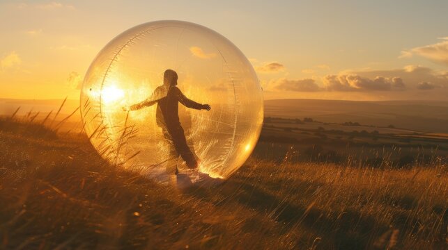 Silhouette of a Person in a Zorb Ball at Sunset