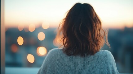 A person in a soft sweater with brown hair, seen from behind, gazing at the distant, out-of-focus city lights, capturing a moment of solitude and reflection.