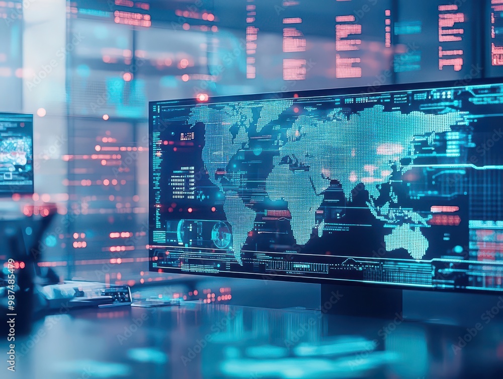 Poster AI support staff managing global service networks in a futuristic control room, surrounded by digital maps and analytics, Futurism, Cool tones