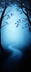 Naklejka premium Misty pathway through trees in a serene blue forest atmosphere.