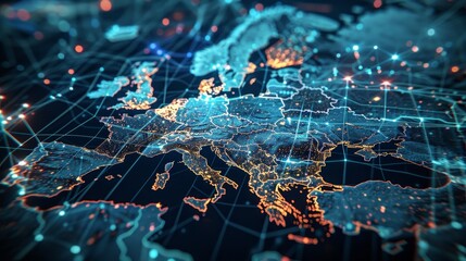 Modern digital map of europe showcasing key cities and connectivity in cyber technology design
