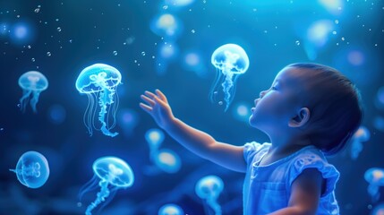 Naklejka premium A curious child interacts with glowing jellyfish in a magical underwater world, evoking wonder and innocence.