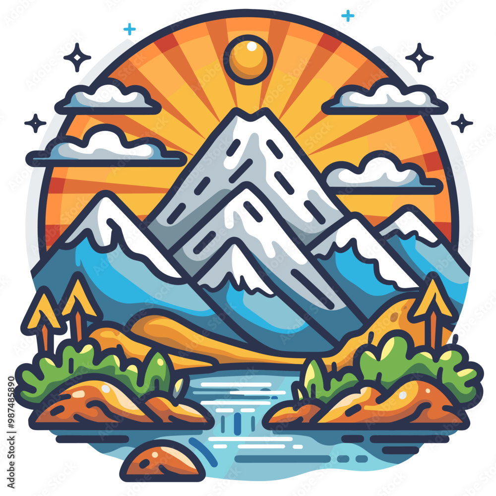 Poster a mountain range with a river flowing through it and a sun in the sky. the mountains are covered in 