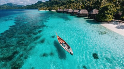 A top-down view of a solitary wooden boat floating on vibrant turquoise waters, with several overwater huts arranged neatly in the background, all under a clear sky.