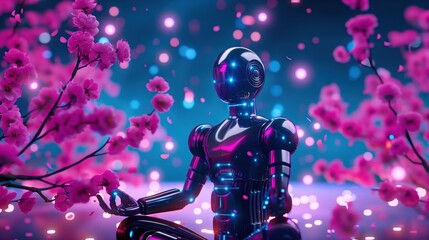 Fototapeta premium A futuristic robot meditating amidst blossoming pink flowers, blending technology and nature in a serene atmosphere.