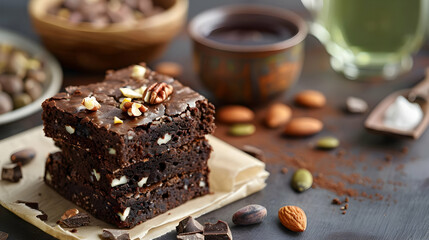 Fototapeta premium Decadent Chocolate Brownies with Pecan and Almond Toppings