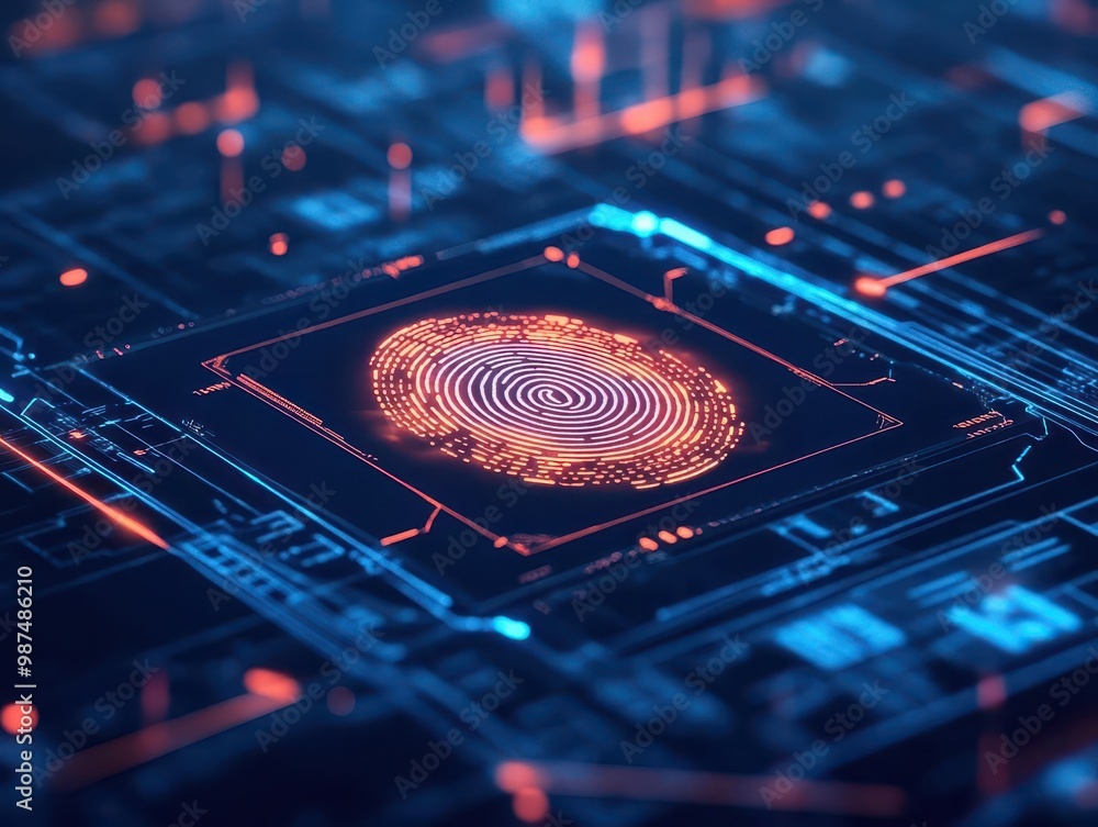 Poster biometric scanning interface, glowing holographic fingerprint, advanced security system, futuristic 