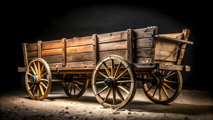 Fototapeta premium an old wooden cart wagon with cracked wooden panels and metal hardware, set against a pitch-black background. The cart is illuminated from the side, revealing the textures and history of the wood.