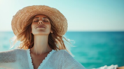A woman standing near the ocean enjoys the fresh breeze with her straw hat raised high, capturing a carefree and liberating moment by the beach under the bright sky.