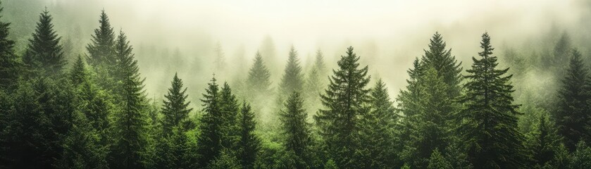 Misty Morning in Evergreen Forest with Dense Fog and Lush Green Pine Trees