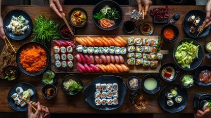 Fototapeta premium An overhead view of a sushi bar table with colorful rolls, nigiri, miso soup, and sake, offering a full traditional Japanese dining experience.