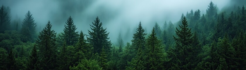 Misty Forest Landscape with Dense Evergreen Trees and Atmospheric Fog