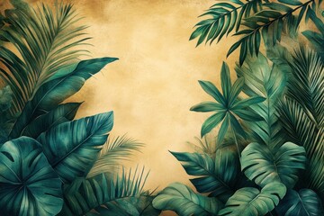 Tropical Leaves Border. Seamless leaf pattern background with empty space