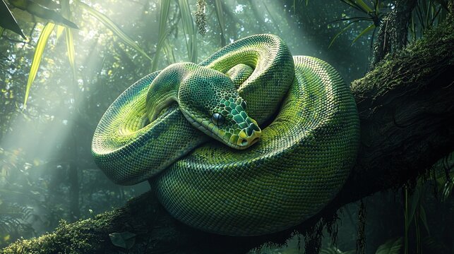   A curled-up green snake on a tree branch, bathed in sunlight amidst a forest