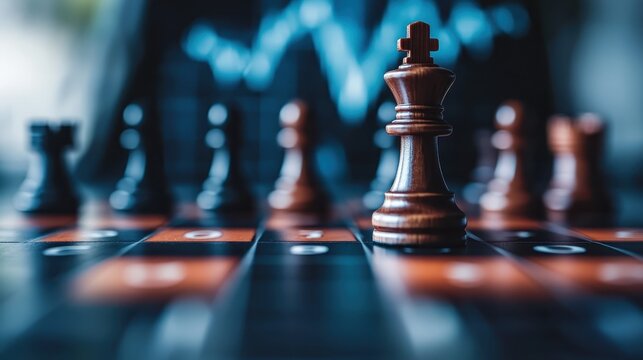A chessboard with chess pieces in the foreground and blurred financial charts in the background, highlighting themes of strategy, competition, and analytics.