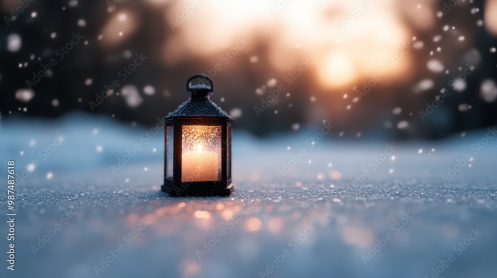 Poster a rustic lantern casts a soft glow on the snow-covered ground, surrounded by gently falling snowflak