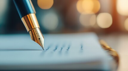 A macro shot showing a fountain pen's nib as it writes on a piece of white paper, capturing the detail and elegance of writing instruments.