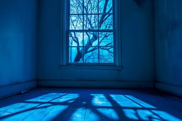 A window in a room with a tree outside. The room is dark and the window is blue