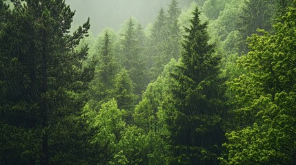 Fototapeta premium Lush Green Forest in Heavy Rain with Dense Evergreen Trees and Misty Atmosphere