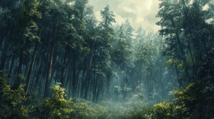 Fototapeta premium Dense Forest in Heavy Rain with Sunlight Breaking Through the Canopy Creating a Mystical Atmosphere