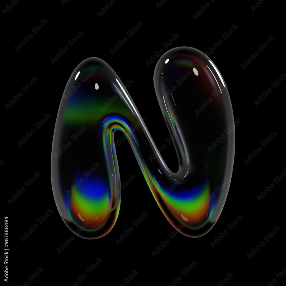Aufkleber 3d holographic glass letter n with smooth, glossy, and reflective surface. inflated balloon bubble s