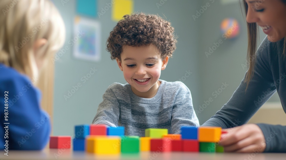 Aufkleber child playing with colorful blocks in educational setting