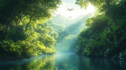  River in the midst of lush green trees with flying bird overhead