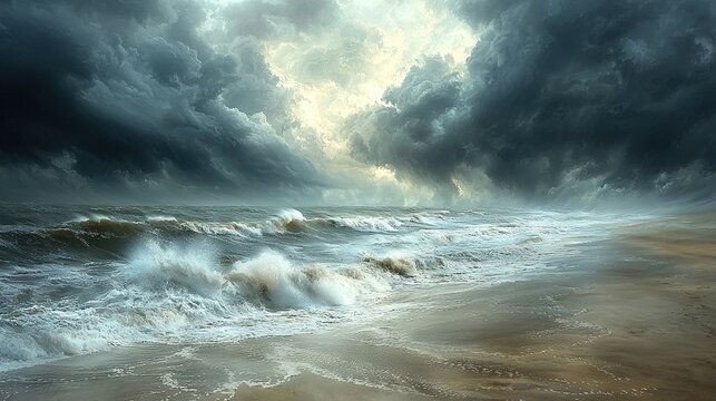   A vast expanse of water with rolling waves and an ominous cloud-filled sky above