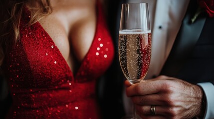 Close-up image of a couple’s hands holding champagne glasses, showing their elegant clothing and setting, signifying a moment of celebration and togetherness.