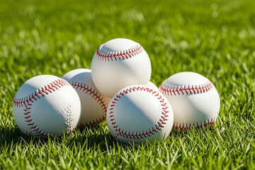  Several white baseballs with red stitching on a grassy field