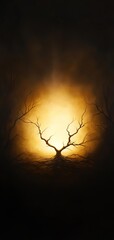 Silhouetted tree against a glowing backdrop, dark ambiance.