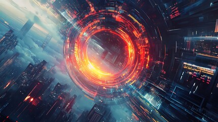 Technological Catalyst Transforming Futuristic Cityscape with Dynamic Effects