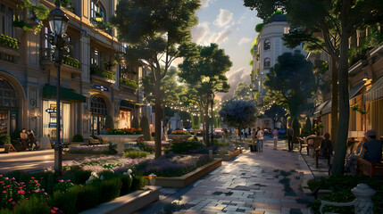 Obraz premium Charming European Street Scene with Cobblestone Walkway and Outdoor Cafes