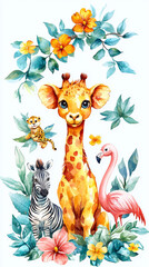 Fototapeta premium Cute giraffe with zebra, leopard, and flamingo.