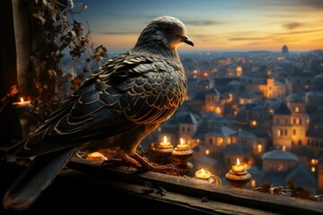 Professional photo of a charming landscape of   turtledove with beautiful feathers standing on a rooftop stunning the city view with their bold and colorful movements, as the sun rises and the lights 