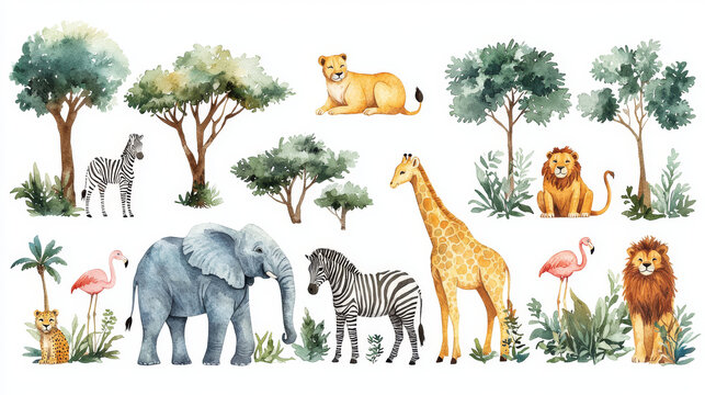 Fototapeta Watercolor illustration of safari animals.