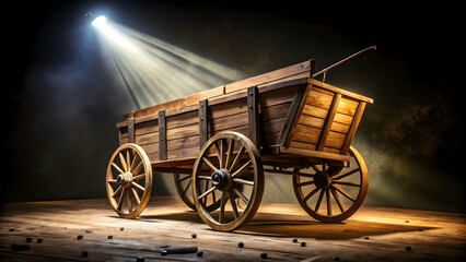Fototapeta premium handcrafted wooden cart wagon sits on a darkened stage, illuminated by a single overhead light. The wagon’s natural wood grain and metal accents are emphasized by the dramatic lighting, creating a s