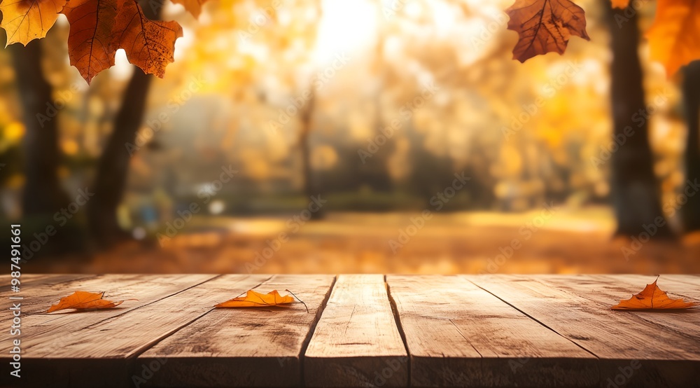 Poster a wooden table sits in a park, with a view of the trees and leaves falling. the scene is calm and tr