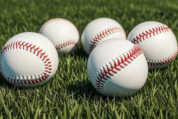  Several white baseballs with red stitching on a grassy field