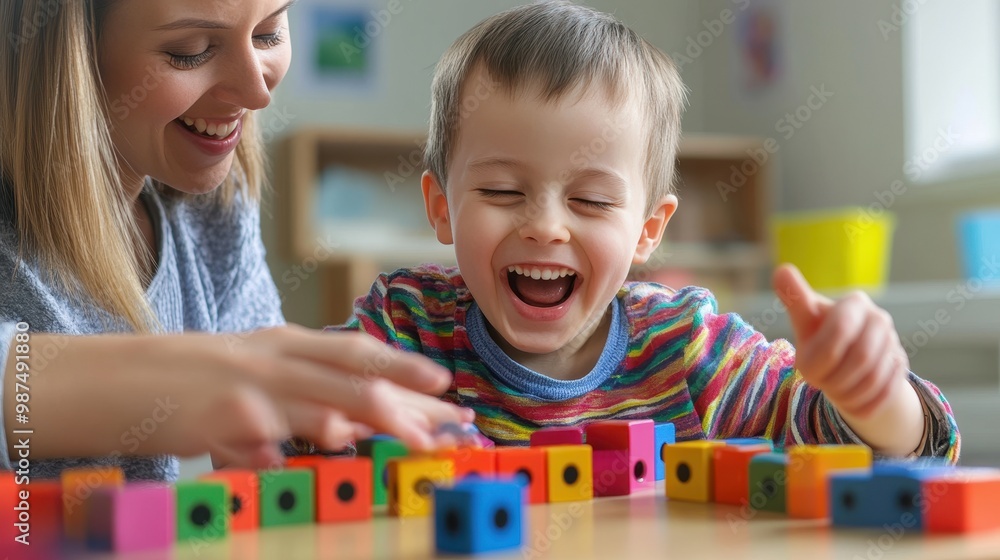 Poster joyful child playing with colorful blocks