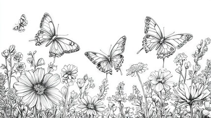   Black and white butterflies fly over a field of wildflowers with daisies