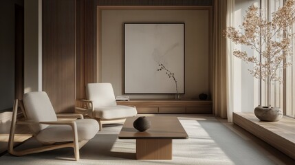 Modern Minimalist Living Room with Natural Light and Elegant Wooden Furniture