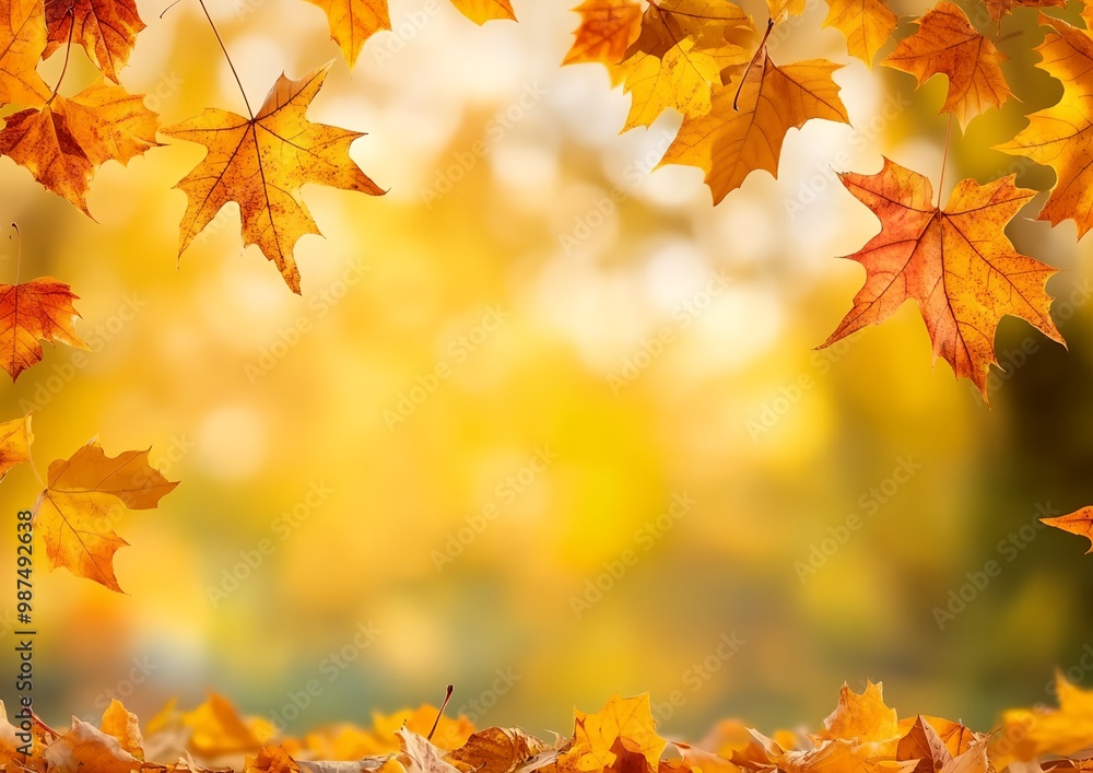 Poster a beautiful autumn scene with a yellow background and a few leaves scattered around. the leaves are 