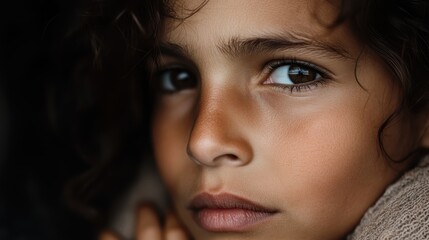 A pensive child with a deep gaze and thoughtful expression portrays emotions of curiosity and introspection, creating a poignant and captivating portrait.